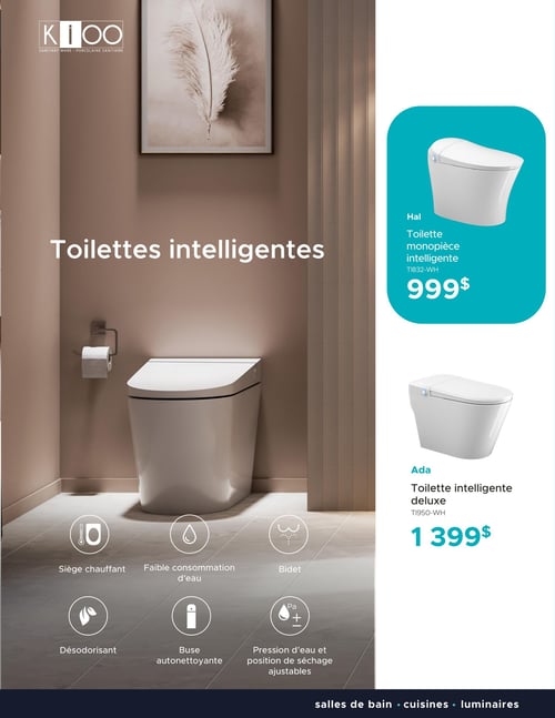 Circulaire Bain Dépôt - Page 23. La page est dédiée aux toilettes intelligentes. Une grande image montre une toilette intelligente blanche moderne dans une salle de bain. Les caractéristiques principales de ces toilettes incluent un siège chauffant, une faible consommation d'eau, une fonction bidet, un désodorisant, une buse autonettoyante, ainsi qu'une pression d'eau et une position de séchage ajustables. Sur le côté droit, deux modèles sont présentés : la toilette monopièce intelligente Hal (modèle TI832-WH) à 999 $ et la toilette intelligente deluxe Ada (modèle TI950-WH) à 1 399 $. Le bas de page mentionne les catégories : salles de bain, cuisines, luminaires.