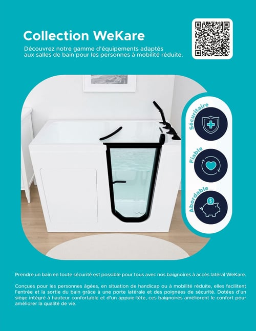 Circulaire Bain Dépôt - Page 24. Cette page met en vedette la collection WeKare, une gamme d'équipements adaptés aux salles de bain pour les personnes à mobilité réduite. Au centre, une baignoire blanche à accès latéral est illustrée, dotée d'une porte transparente et de poignées noires. Sur la droite, trois icônes circulaires soulignent les avantages : "Sécuritaire" (un bouclier avec une croix), "Fiable" (un cœur avec des flèches circulaires), et "Abordable" (une tirelire avec un symbole de dollar). Le texte explique que ces baignoires facilitent l'entrée et la sortie grâce à une porte latérale, des poignées de sécurité, un siège intégré confortable et un appuie-tête, améliorant ainsi le confort et la qualité de vie pour les personnes âgées ou en situation de handicap.