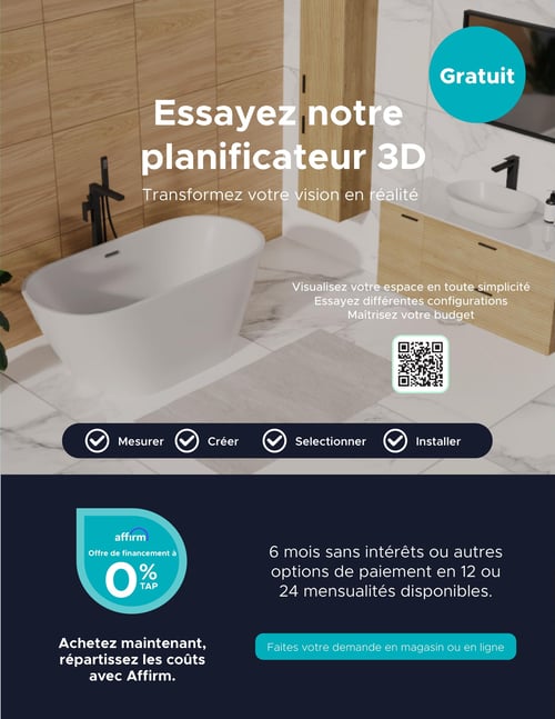 Circulaire Bain Dépôt - Page 25. La page met en avant le planificateur 3D de Bain Dépôt, présenté comme gratuit. Le titre principal est "Essayez notre planificateur 3D", suivi de "Transformez votre vision en réalité". Une description indique : "Visualisez votre espace en toute simplicité, essayez différentes configurations, maîtrisez votre budget". Un code QR est affiché pour accéder à cette fonctionnalité. Quatre étapes sont illustrées avec des icônes : Mesurer, Créer, Sélectionner, Installer. En bas de page, une offre de financement Affirm est détaillée : "Offre de financement à 0 % TAP", avec la mention "6 mois sans intérêts ou autres options de paiement en 12 ou 24 mensualités disponibles". Le texte encourage à "Achetez maintenant, répartissez les coûts avec Affirm" et invite à "Faites votre demande en magasin ou en ligne".