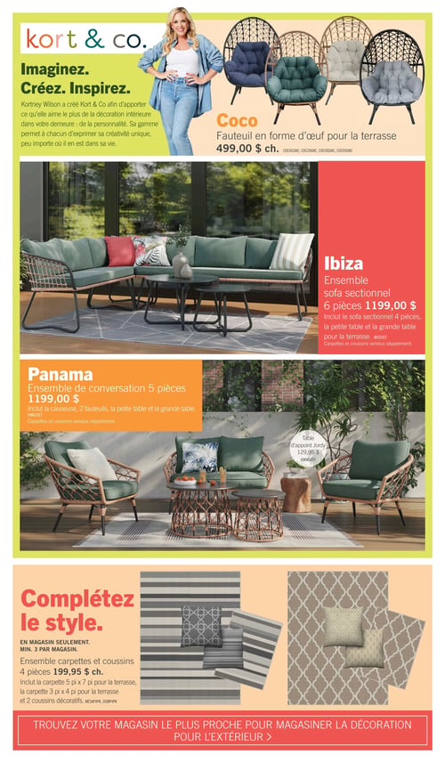 Circulaire Brick - Page 3. La page met en avant la collection "Kort & Co." de Kortney Wilson, visant à personnaliser la décoration intérieure. On y voit le fauteuil en forme d'œuf "Coco" pour la terrasse, offert à 499,00 $ chacun, disponible en plusieurs couleurs. Ensuite, l'ensemble sofa sectionnel "Ibiza" de 6 pièces est présenté à 1199,00 $, incluant le sofa sectionnel de 4 pièces, la petite table et la grande table. Les carpettes et coussins sont vendus séparément. Plus bas, l'ensemble de conversation "Panama" de 5 pièces est proposé à 1199,00 $, comprenant la causeuse, 2 fauteuils, la petite table et la grande table. Les carpettes et coussins sont vendus séparément. À côté, la table d'appoint "Jordy" est à 129,95 $. La section "Complétez le style." présente un ensemble de carpettes et coussins de 4 pièces, disponible en magasin seulement, à 199,95 $ chacun. Il inclut une carpette de 5 pieds x 7 pieds, une carpette de 3 pieds x 4 pieds et 2 coussins décoratifs. Un bandeau rouge en bas de page invite à trouver le magasin le plus proche pour magasiner la décoration pour l'extérieur.