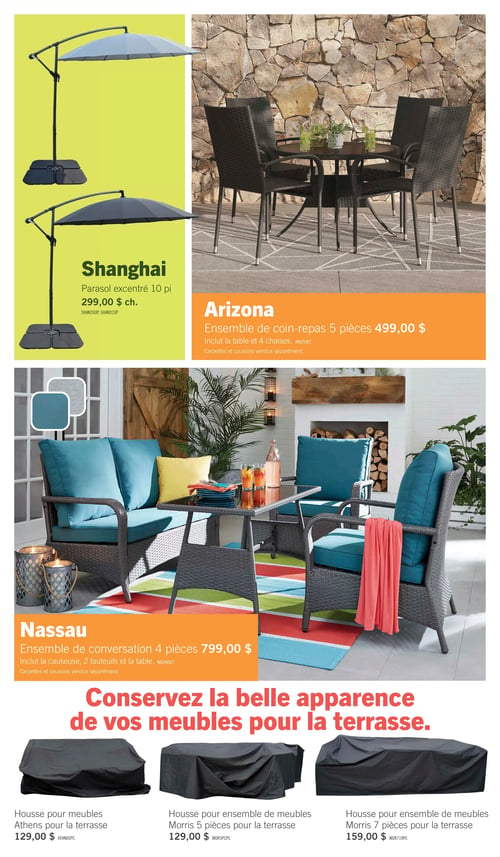 Circulaire Brick - Page 7. La page présente des meubles et accessoires pour l'extérieur. En haut à gauche, un parasol excentré Shanghai de 10 pieds est offert à 299,00 $ chacun. Il est illustré en gris clair et gris foncé. En haut à droite, l'ensemble de coin-repas Arizona de 5 pièces, incluant une table et 4 chaises, est à 499,00 $. Les carpettes et coussins sont vendus séparément. Au centre, l'ensemble de conversation Nassau de 4 pièces, comprenant une causeuse, 2 fauteuils et une table, est à 799,00 $. Des échantillons de couleur bleu sarcelle et gris sont affichés. Les carpettes et coussins sont vendus séparément. En bas de page, une section est dédiée à la conservation des meubles de terrasse avec trois housses noires : la housse pour meubles Athens pour la terrasse à 129,00 $, la housse pour ensemble de meubles Morris 5 pièces pour la terrasse à 129,00 $, et la housse pour ensemble de meubles Morris 7 pièces pour la terrasse à 159,00 $.