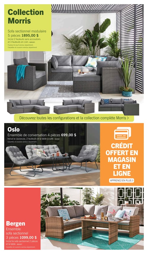 Circulaire Brick - Page 8. La page met en vedette trois collections de mobilier d'extérieur. En haut, la Collection Morris propose un sofa sectionnel modulaire de 5 pièces à 1895,00 $, incluant 2 fauteuils sans accoudoirs et 3 fauteuils en coin. Des carpettes et coussins sont vendus séparément. Une section invite à découvrir toutes les configurations de la collection Morris. Au centre, l'ensemble de conversation Oslo de 4 pièces est affiché à 699,00 $, comprenant une causeuse, 2 fauteuils et une table à café. Sur la droite, un encadré orange annonce un crédit offert en magasin et en ligne. En bas, la Collection Bergen présente un ensemble sofa sectionnel de 3 pièces à 1099,00 $, incluant un sofa sectionnel de 2 pièces et une table. Des carpettes et coussins sont vendus séparément.