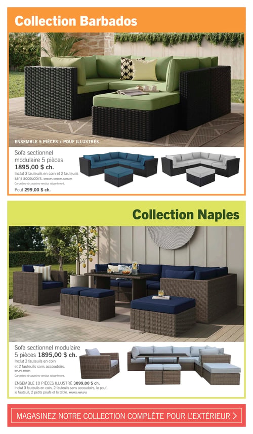 Brick - Page 9. La page est divisée en deux sections présentant des collections de mobilier d'extérieur. La section supérieure, intitulée "Collection Barbados", met en vedette un grand ensemble de sofa sectionnel modulaire de 5 pièces avec des coussins verts, disposé sur une terrasse. Cet ensemble est illustré avec un pouf. Le sofa sectionnel modulaire de 5 pièces est offert à 1895,00 $ chacun, incluant 3 fauteuils en coin et 2 fauteuils sans accoudoirs. Les carpettes et coussins sont vendus séparément. Le pouf est à 299,00 $ chacun. Des illustrations montrent l'ensemble de 5 pièces également disponible avec des coussins bleus ou gris. La section inférieure, intitulée "Collection Naples", présente un grand ensemble de mobilier d'extérieur de 10 pièces avec des coussins bleus, incluant un sofa sectionnel, des fauteuils et une table, sur une terrasse. Le sofa sectionnel modulaire de 5 pièces est à 1895,00 $ chacun, incluant 3 fauteuils en coin et 2 fauteuils sans accoudoirs. Les carpettes et coussins sont vendus séparément. L'ensemble illustré de 10 pièces est à 3099,00 $ chacun, incluant 3 fauteuils en coin, 2 fauteuils sans accoudoirs, le pouf, le fauteuil, 2 petits poufs et la table. Des illustrations montrent l'ensemble de 5 pièces et le fauteuil également disponibles avec des coussins gris clair. En bas de page, un bandeau rouge invite à "MAGASINEZ NOTRE COLLECTION COMPLÈTE POUR L'EXTÉRIEUR".