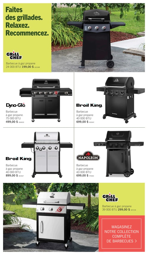 Circulaire Brick - Page 10. La page est dédiée aux barbecues avec le titre "Faites des grillades. Relaxez. Recommencez.". En haut, un barbecue à gaz propane Grill Chef noir de 24 000 BTU est offert à 199,00 $. La section suivante présente deux barbecues : à gauche, un Dyna-Glo noir de 75 000 BTU à 499,00 $; à droite, un Broil King noir de 40 000 BTU à 699,00 $. En dessous, deux autres modèles : un Broil King en acier inoxydable et noir de 40 000 BTU à 899,00 $, et un barbecue Napoleon noir de 43 000 BTU à 699,00 $. Enfin, un barbecue à gaz propane Grill Chef blanc et noir de 39 000 BTU est affiché à 299,00 $. Un encadré rouge invite à "MAGASINEZ NOTRE COLLECTION COMPLÈTE DE BARBECUES".