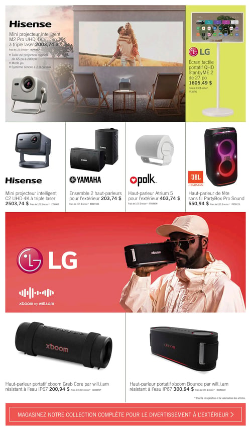 Circulaire Brick - Page 12. La page met en vedette des appareils de divertissement extérieur. En haut à gauche, le mini projecteur intelligent Hisense M2 Pro UHD 4K à triple laser est offert à 2003,74 $ plus frais de 3,75 $. Il permet une taille de projection réglable de 65 à 200 pouces, un mode jeu et un système sonore 2.0 canaux. En haut à droite, l'écran tactile portable LG QHD StandbyME 2 de 27 pouces est à 1605,49 $ plus frais de 5,50 $. En dessous, une rangée de quatre produits inclut : le mini projecteur intelligent Hisense C2 UHD 4K à triple laser à 2503,74 $ plus frais de 3,75 $; l'ensemble de 2 haut-parleurs Yamaha pour l'extérieur à 203,74 $ plus frais de 3,75 $; le haut-parleur Polk Atrium 5 pour l'extérieur à 403,74 $ plus frais de 3,75 $; et le haut-parleur de fête sans fil JBL PartyBox Pro Sound à 550,94 $ plus frais de 0,95 $. Une grande image promotionnelle présente la marque LG xboom by will.i.am. En bas de page, deux haut-parleurs portables xboom par will.i.am, résistants à l'eau IP67, sont présentés : le modèle Grab Core à 200,94 $ plus frais de 0,95 $ et le modèle Bounce à 300,94 $ plus frais de 0,95 $. Une note indique que les frais mentionnés sont pour la récupération et la valorisation des articles. Un bandeau rouge en bas invite à magasiner la collection complète pour le divertissement à l'extérieur.