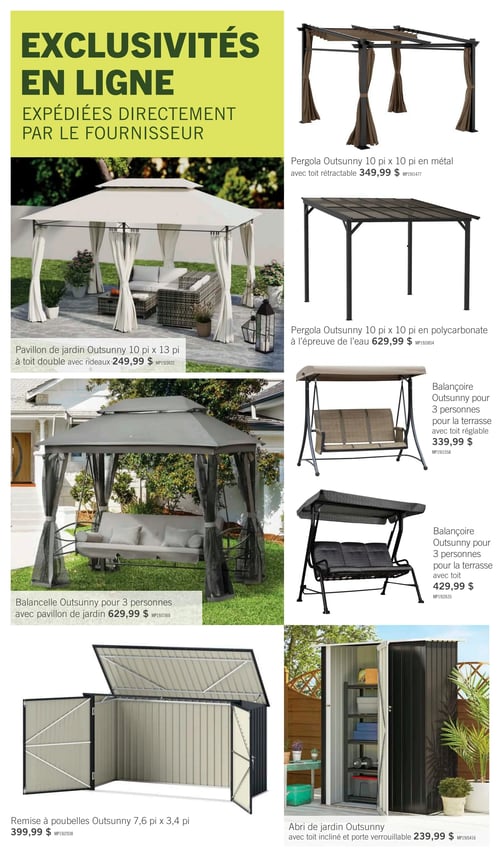 Circulaire Brick - Page 13. La page présente des exclusivités en ligne expédiées directement par le fournisseur. On y trouve un pavillon de jardin Outsunny de 10 pieds sur 13 pieds à toit double avec rideaux à 249,99 $. Une balancelle Outsunny pour 3 personnes avec pavillon de jardin est offerte à 629,99 $. Une remise à poubelles Outsunny de 7,6 pieds sur 3,4 pieds est disponible à 399,99 $. Du côté droit, une pergola Outsunny en métal de 10 pieds sur 10 pieds avec toit rétractable est à 349,99 $. Une autre pergola Outsunny de 10 pieds sur 10 pieds en polycarbonate à l'épreuve de l'eau est à 629,99 $. Deux balançoires Outsunny pour 3 personnes sont présentées : une avec toit réglable à 339,99 $ et une autre avec toit à 429,99 $. Enfin, un abri de jardin Outsunny avec toit incliné et porte verrouillable est affiché à 239,99 $.