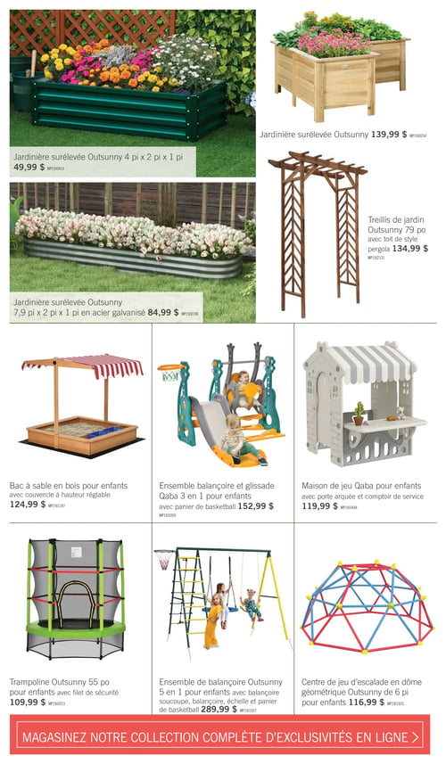 Circulaire Brick - Page 14. Cette page présente des articles pour la vie à l'extérieur et les jeux pour enfants. On y trouve une jardinière surélevée Outsunny de 4 pieds par 2 pieds par 1 pied à 49,99 $, une autre jardinière surélevée Outsunny en bois à 139,99 $, et une jardinière surélevée Outsunny de 7,9 pieds par 2 pieds par 1 pied en acier galvanisé à 84,99 $. Un treillis de jardin Outsunny de 79 pouces avec toit de style pergola est offert à 134,99 $. Pour les enfants, il y a un bac à sable en bois avec couvercle réglable à 124,99 $, un ensemble balançoire et glissade Qaba 3 en 1 avec panier de basketball à 152,99 $, et une maison de jeu Qaba avec porte arquée et comptoir de service à 119,99 $. Également disponibles : un trampoline Outsunny de 55 pouces avec filet de sécurité à 109,99 $, un ensemble de balançoire Outsunny 5 en 1 incluant une balançoire soucoupe, une balançoire, une échelle et un panier de basketball à 289,99 $, et un centre de jeu d'escalade en dôme géométrique Outsunny de 6 pieds à 116,99 $. Un bandeau en bas de page invite à magasiner la collection complète d'exclusivités en ligne.