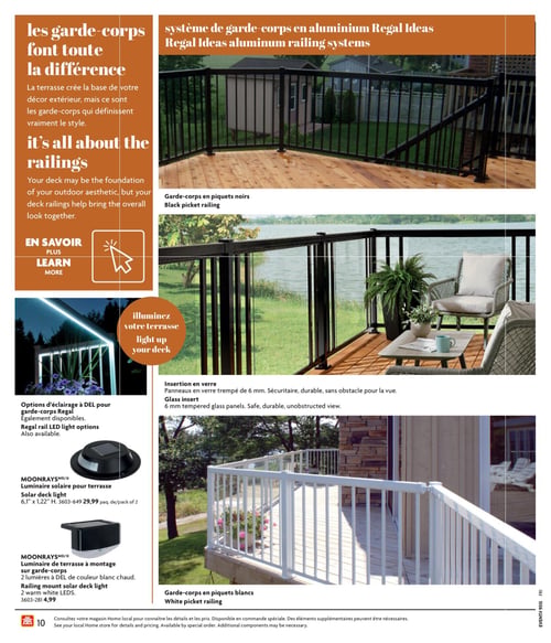 Circulaire Home Hardware - Page 10. Cette page est dédiée aux systèmes de garde-corps en aluminium Regal Ideas. La section de gauche met en avant l'importance des garde-corps pour le style de la terrasse, avec un encadré "EN SAVOIR PLUS". La page présente trois types de garde-corps : un modèle en piquets noirs, un autre en piquets noirs avec des panneaux en verre trempé de 6 mm pour une vue dégagée, et un modèle en piquets blancs. Des options d'éclairage à DEL pour garde-corps Regal sont également disponibles. Deux luminaires solaires MOONRAYS™ sont offerts : une lumière solaire pour terrasse de 6,1 po x 1,22 po à 29,99 $ le paquet de 2, et une lumière solaire à monter sur garde-corps avec 2 lumières DEL blanc chaud à 4,99 $.