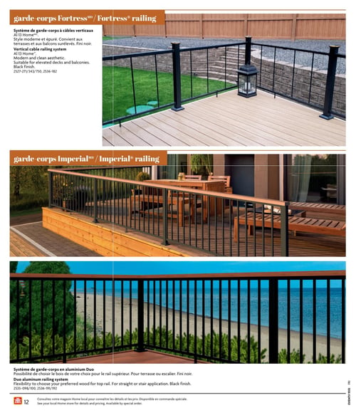 Home Hardware - Guide de construction - Page 12. Cette page présente différents systèmes de garde-corps. En haut, le système de garde-corps à câbles verticaux Fortress AI 13 Home, au fini noir, est montré sur une terrasse en composite. Il est décrit comme ayant un style moderne et épuré, convenant aux terrasses et balcons surélevés. Les codes sont 2527-271/343/750 et 2536-182. Au centre, le garde-corps Imperial est illustré sur une terrasse en bois, avec des barreaux noirs et une main courante en bois. En bas, le système de garde-corps en aluminium Duo, également au fini noir, est présenté avec la possibilité de choisir le bois pour le rail supérieur, adapté aux terrasses ou escaliers. Il est montré sur une terrasse surplombant une plage. Les codes sont 2535-098/100 et 2536-191/192. Pour les détails et les prix, il est conseillé de consulter un magasin Home Hardware local, car les produits sont disponibles sur commande spéciale.