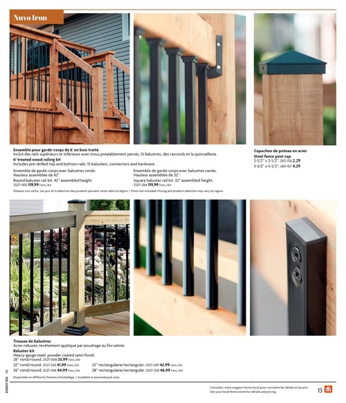 Home Hardware - Page 13. La page présente des produits Nuvo Iron pour la construction de rampes et garde-corps. En haut, un ensemble pour garde-corps de 6 pieds en bois traité est offert à 119,99 $ l'ensemble, incluant rails, 15 balustres et quincaillerie. Il est disponible avec des balustres ronds (hauteur assemblée de 42 pouces, code 2527-005) ou carrés (hauteur assemblée de 32 pouces, code 2527-264). Les poteaux ne sont pas inclus. Des capuchons de poteau en acier sont aussi présentés : 3-1/2 x 3-1/2 pouces (code 2611-156) à 2,29 $ et 5-1/2 x 5-1/2 pouces (code 2611-157) à 4,29 $. En bas de page, des trousses de balustres en acier robuste avec fini satiné sont disponibles. Les balustres ronds sont offerts en 26 pouces (code 2527-006) à 35,99 $ l'ensemble, 32 pouces (code 2527-245) à 41,99 $ l'ensemble et 36 pouces (code 2527-246) à 44,99 $ l'ensemble. Les balustres rectangulaires sont offerts en 32 pouces (code 2527-249) à 42,99 $ l'ensemble et 38 pouces (code 2527-250) à 46,99 $ l'ensemble. Ces trousses sont disponibles en différents formats d'emballage.