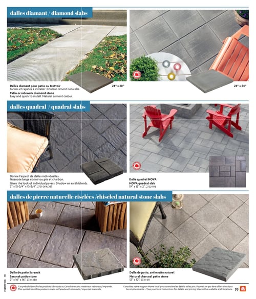 Home Hardware - Page 19. La page présente une sélection de dalles pour l'aménagement extérieur. La première section, "dalles diamant", montre des dalles pour patio ou trottoir, faciles et rapides à installer, de couleur ciment naturelle, disponibles en formats de 24 par 30 pouces et 24 par 24 pouces. La deuxième section, "dalles quadral", propose des dalles qui donnent l'aspect de pavés individuels, avec des nuances beige et noir ou gris et charbon, mesurant 2 par 15,75 par 15,75 pouces (codes 2731-364/365). On y trouve aussi la dalle quadral NOVA de 19 par 13 par 2 pouces (code 2732-198). La troisième section, "dalles de pierre naturelle ciselées", inclut la dalle de patio Saranak de 2 par 16 par 16 pouces (code 2731-380) et la dalle de patio anthracite naturelle de 12 par 12 pouces (code 2731-611). Un symbole indique les produits fabriqués au Canada avec des matériaux nationaux ou importés. Un avis mentionne de consulter le magasin Home Hardware local pour les détails et les prix, car l'offre pourrait ne pas être disponible à tous les emplacements.