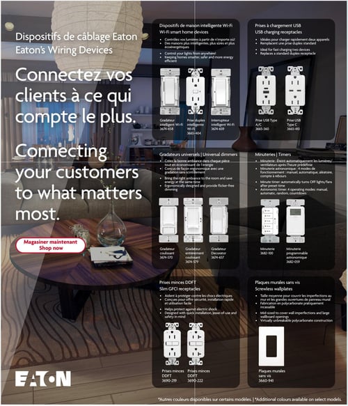 Circulaire Home Hardware - Page 38. La page présente les dispositifs de câblage Eaton sur un fond visuel d'intérieur de maison. La section des dispositifs de maison intelligente Wi-Fi inclut un gradateur intelligent Wi-Fi, une prise duplex intelligente Wi-Fi et un interrupteur intelligent Wi-Fi. La section des prises de chargement USB propose une prise USB Type A/C et une prise USB Type C. Les gradateurs universels sont disponibles en modèles coulissant, entièrement coulissant et Decorator. Deux types de minuteries sont montrés : une minuterie standard et une minuterie programmable astronomique. On y trouve également deux modèles de prises minces DDFT et une plaque murale sans vis. Un message promotionnel sur la gauche invite à connecter les clients à ce qui compte le plus. Le logo Eaton est visible en bas de page. Une note indique que d'autres couleurs sont disponibles sur certains modèles.