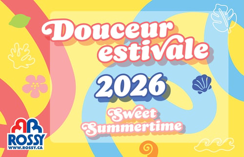 Rossy - Page 1. La page couverture de la circulaire "Douceur Estivale 2026" présente un fond coloré avec des formes ondulées jaunes, roses et bleues claires. Des illustrations estivales stylisées, comme une feuille verte, un corail blanc, une fleur rose et un coquillage bleu, sont dispersées. Le titre principal est "Douceur estivale 2026" en grandes lettres blanches avec des ombres roses et bleues. En dessous, la traduction anglaise "Sweet Summertime" est affichée. Le logo de Rossy, avec son nom en bleu et l'adresse "WWW.ROSSY.CA", est situé dans le coin inférieur gauche.