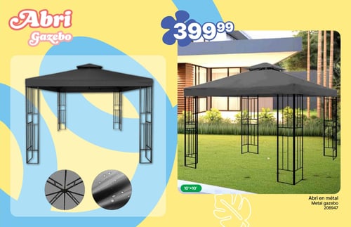 Rossy - Page 2. Cette page met en vedette un abri-gazebo en métal noir. Il est de format 10 pieds par 10 pieds et est offert à 399,99 $. Des images détaillées montrent la structure du cadre et le tissu résistant à l'eau.