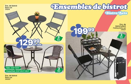 Rossy - Page 3. La page est dédiée aux ensembles de bistrot. En haut à gauche, un ensemble de bistrot gris et noir, composé d'une table ronde et de deux chaises pliantes, est offert à 129,99 $ l'ensemble de 3 pièces (numéro d'article 215514). En dessous, un autre ensemble de bistrot marron, avec une table ronde et deux chaises au dossier tressé, est également à 129,99 $ l'ensemble de 3 pièces (numéro d'article 200287). Les dimensions de la table sont de 23,6"x27,5" et celles des chaises sont de 21,6"x23,2"x28,3". Sur la droite, un ensemble de bistrot pliant noir est présenté, incluant une table rectangulaire à lattes et deux chaises pliantes, avec une image montrant l'ensemble une fois plié. Cet ensemble de 3 pièces est au prix de 199,99 $ (numéro d'article 215537).