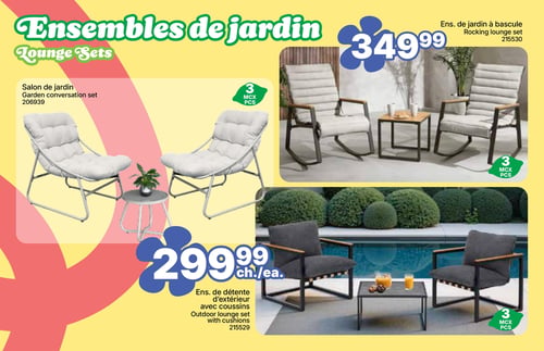 Circulaire Rossy - Page 4. La page présente des ensembles de jardin. En haut à droite, un ensemble de jardin à bascule de 3 pièces, incluant deux fauteuils berçants avec coussins clairs et une table basse, est offert à 349,99 $. Sur la gauche, un salon de jardin de 3 pièces, composé de deux chaises pliantes avec coussins clairs et une petite table ronde, est disponible à 299,99 $ l'ensemble. En bas à droite, un ensemble de détente d'extérieur de 3 pièces, comprenant deux fauteuils gris foncé avec accoudoirs en bois et une table basse rectangulaire, est aussi à 299,99 $ l'ensemble.