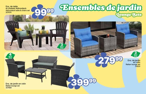 Rossy - Page 5. La page est dédiée aux ensembles de jardin. En haut à gauche, un ensemble de table et chaises Adirondack noir de 3 pièces est affiché à 99,99 $. En haut à droite, un ensemble de jardin en rotin gris de 3 pièces avec coussins bleus est proposé à 279,99 $. En bas à gauche, un ensemble de jardin en rotin noir de 4 pièces avec coussins gris est disponible à 399,99 $.
