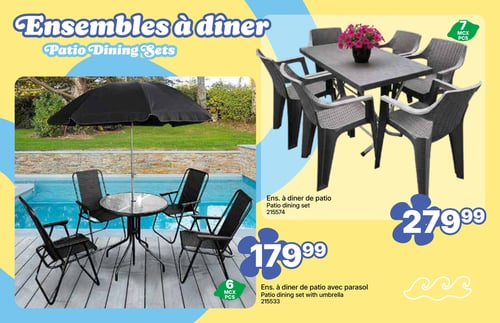 Rossy - Page 6. La page présente des ensembles à dîner de patio. En haut à droite, un ensemble de 7 pièces gris foncé, comprenant une table rectangulaire et six chaises, est affiché à 279,99 $. Le code est 215574. En bas à gauche, un ensemble de 6 pièces avec parasol noir, une table ronde en verre et quatre chaises pliantes noires est offert à 179,99 $. Le code est 215533.