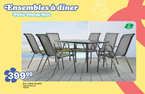 Rossy - Page 7. La page met en vedette des ensembles à dîner de patio. Un ensemble de 7 pièces est présenté, comprenant une table rectangulaire avec plateau en verre et six chaises en tissu maillé gris foncé avec structure métallique. L'ensemble est affiché sur une terrasse en bois avec une vue sur l'océan en arrière-plan. Le prix est de 399,99 $. Le numéro de produit est 200136.