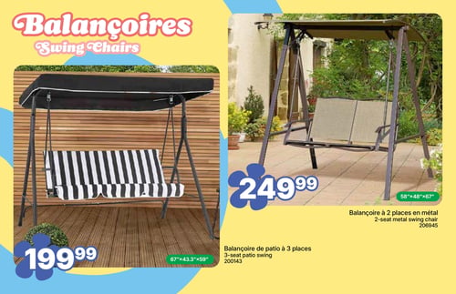 Circulaire Rossy - Page 8. La page est dédiée aux balançoires. À gauche, une balançoire de patio à 3 places, avec un coussin rayé noir et blanc et un auvent noir, est présentée à 199,99 $. Ses dimensions sont de 67 x 43,3 x 59 pouces (article 200143). À droite, une balançoire en métal à 2 places, avec un auvent et des coussins de couleur beige, est affichée à 249,99 $. Ses dimensions sont de 58 x 48 x 67 pouces (article 206945).