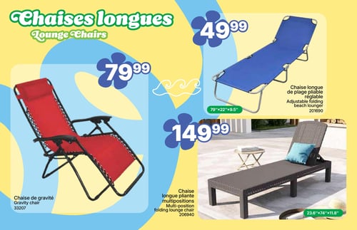 Rossy - Page 12. La page est dédiée aux chaises longues. En haut à droite, une chaise longue de plage pliable et réglable, de couleur bleue, est affichée à 49,99 $. Ses dimensions sont de 79 po x 22 po x 9,5 po. À gauche, une chaise de gravité rouge est proposée à 79,99 $. En bas à droite, une chaise longue pliante multipositions de couleur foncée est disponible pour 149,99 $. Ses dimensions sont de 23,6 po x 74 po x 11,8 po.