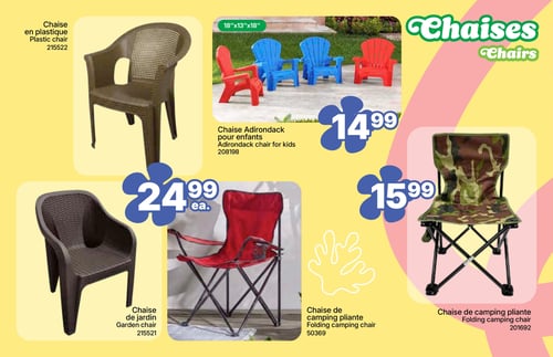 Rossy - Page 13. La page est intitulée "Chaises" et présente une sélection de sièges. On y trouve une chaise en plastique à 24,99 $ chacune. Des chaises Adirondack pour enfants, mesurant 18"x13"x18", sont offertes à 14,99 $. Une chaise de jardin est disponible à 24,99 $ chacune. Deux modèles de chaises de camping pliantes sont affichés, l'une rouge et l'autre à motif camouflage, toutes deux à 15,99 $.