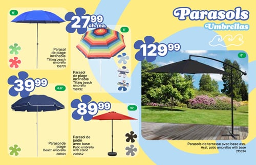 Rossy - Page 15. La page est dédiée aux parasols. À gauche, un parasol de plage inclinable bleu de 6 pieds est offert à 27,99 $ chacun. Juste en dessous, un parasol de plage inclinable aux couleurs de l'arc-en-ciel, également de 6 pieds, est aussi à 27,99 $ chacun. Plus bas, un parasol de plage bleu foncé de 6,6 pieds est affiché à 39,99 $. En dessous, un parasol de jardin rouge de 10 pieds avec base est disponible pour 89,99 $. À droite, un grand parasol de terrasse noir de 8 pieds avec base assortie est présenté à 129,99 $.