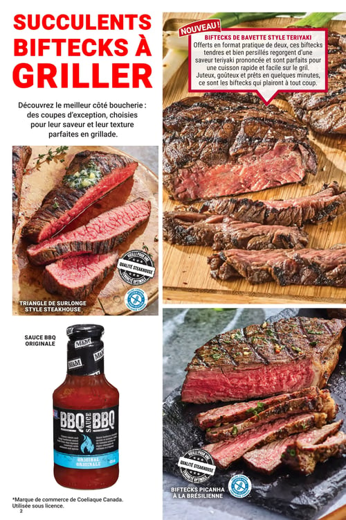 Circulaire Les Aliments M&M - Page 2. La page met en vedette des succulents biftecks à griller, présentant des coupes d'exception choisies pour leur saveur et leur texture parfaites en grillade. Un nouveau produit est mis en avant : les biftecks de bavette style Teriyaki, offerts en format pratique de deux, tendres et persillés, avec une saveur teriyaki prononcée, rapides et faciles à griller. On y voit également le triangle de surlonge style Steakhouse, coupé en tranches sur une planche de bois, certifié qualité steakhouse et sans gluten. À côté, une bouteille de sauce BBQ Originale de la marque M&M. Enfin, la page présente les biftecks Picanha à la Brésilienne, également tranchés sur une ardoise, avec le sceau qualité steakhouse et sans gluten.