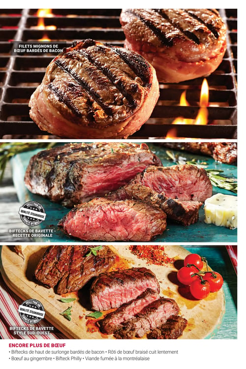 Circulaire Les Aliments M&M - Page 3. La page met en vedette des produits de bœuf. En haut, des filets mignons de bœuf bardés de bacon grillent sur un barbecue. Au centre, des biftecks de bavette de recette originale, coupés et prêts à servir, sont présentés sur une planche à découper bleue, accompagnés d'une rosette de beurre. Un sceau indique "Qualité Steakhouse". En bas, d'autres biftecks de bavette, cette fois-ci de style sud-ouest, sont disposés sur une planche en bois avec des épices et des tomates cerises, également avec le sceau "Qualité Steakhouse". La section "Encore plus de bœuf" mentionne des biftecks de haut de surlonge bardés de bacon, du rôti de bœuf braisé cuit lentement, du bœuf au gingembre, du bifteck Philly et de la viande fumée à la montréalaise.