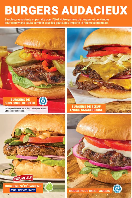 Circulaire Les Aliments M&M - Page 4. La page est dédiée aux "Burgers Audacieux", avec un texte d'introduction promettant des burgers et viandes pour sandwichs simples, rassasiants et parfaits pour l'été, pour tous les goûts et régimes alimentaires. La page présente quatre grands visuels de burgers. En haut à gauche, un burger de surlonge de bœuf, certifié sans gluten, garni de cornichons, poivrons rouges et sauce. En haut à droite, un burger de bœuf Angus Smashhouse avec fromage fondu, laitue, tomates et oignons rouges. En bas à gauche, un nouveau burger végétarien, disponible pour un temps limité et certifié végétalien, garni de jeunes pousses, tomates et oignons rouges. Enfin, en bas à droite, un burger de bœuf Angus, également certifié sans gluten, avec tomates, oignons rouges et une sauce blanche.