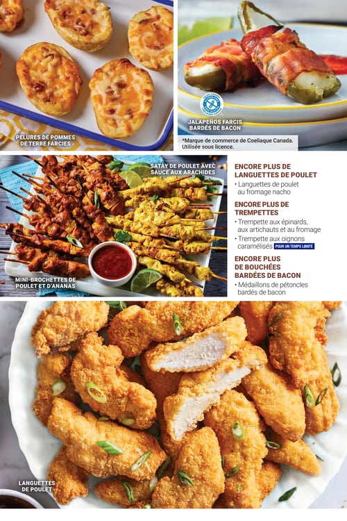 Les Aliments M&M - Page 9. La page présente une variété d'amuse-gueules et de plats principaux. En haut à gauche, des pelures de pommes de terre farcies au fromage et au bacon. En haut à droite, des jalapeños farcis et bardés de bacon, avec un logo "Sans Gluten". Au centre, un grand plateau de mini-brochettes de poulet et d'ananas, ainsi que du satay de poulet servi avec une sauce aux arachides. Une section de texte détaille d'autres options disponibles, incluant des languettes de poulet au fromage nacho, des trempettes aux épinards, aux artichauts et au fromage, des trempettes aux oignons caramélisés (pour un temps limité), et des médaillons de pétoncles bardés de bacon. En bas de page, une grande image montre des languettes de poulet panées, garnies de ciboulette.