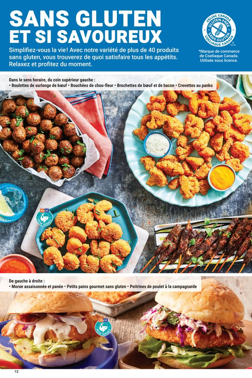 Circulaire Les Aliments M&M - Page 12. La page met en vedette des produits "Sans gluten et si savoureux", soulignant une variété de plus de 40 produits sans gluten. Un logo "Sans gluten Coeliaque Canada" est visible. La partie supérieure de la page présente une grande photo de plusieurs plats. Dans le sens horaire, à partir du coin supérieur gauche, on voit des boulettes de surlonge de bœuf, des bouchées de chou-fleur panées avec des sauces, des brochettes de bœuf et de bacon, et des crevettes panées au panko. La partie inférieure de la page montre deux burgers gourmets préparés avec des petits pains sans gluten. L'un contient de la morue assaisonnée et panée, l'autre des poitrines de poulet à la campagnarde.