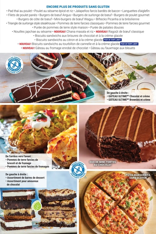 Circulaire Les Aliments M&M - Page 13. La page met en vedette une vaste sélection de produits sans gluten. La liste inclut : Pad thaï au poulet, Poulet au sésame épicé et riz, Jalapeños farcis bardés de bacon, Languettes d'aiglefin, Filets de poulet panés, Burgers de bœuf Angus, Burgers de surlonge de bœuf, Burgers de poulet gourmet, Burgers de côte de bœuf, Mini-burgers de bœuf Wagyu, Biftecks Picanha à la brésilienne, Triangle de surlonge style steakhouse, Pommes de terre farcies classiques, Pommes de terre farcies gourmet, Purée de pommes de terre style maison, Purée de patates douces et Nouilles japchae au sésame. De nouveaux produits sont également présentés : Chana masala et riz, Ragout de bœuf classique, Biscuits sandwichs aux brisures de chocolat et à la crème glacée, Biscuits sandwichs au citron et à la crème glacée (pour un temps limité), Biscuits sandwichs au tourbillon de cannelle et à la crème glacée (pour un temps limité), Gâteau au fromage enrobé de chocolat et Gâteau au fauxmage aux bleuets.

Visuellement, la page présente plusieurs images de produits. En haut, on voit des desserts glacés : un Gâteau Ultime au chocolat et crème et un Gâteau Ultime brownies et crème. Au centre gauche, deux pommes de terre farcies sont illustrées, l'une au brocoli et fromage, l'autre uniquement au fromage. Au centre droit, un duo de mini-tortres au chocolat est présenté. En bas à gauche, un assortiment de barres de dessert, identifié comme végétalien, et un assortiment pour amoureux de chocolat sont empilés. Enfin, en bas à droite, une pizza Margherita sans gluten coupée en quatre est visible.