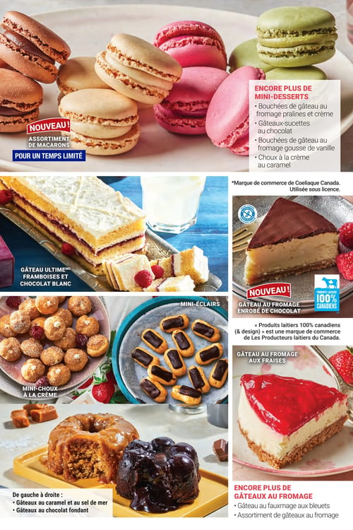 Circulaire Les Aliments M&M - Page 17. La page met en vedette une variété de desserts. En haut, un assortiment de macarons multicolores est présenté comme une nouveauté pour un temps limité. Une section "Encore plus de mini-desserts" liste des bouchées de gâteau au fromage pralines et crème, des gâteaux-sucettes au chocolat, des bouchées de gâteau au fromage gousse de vanille et des choux à la crème au caramel. Au centre gauche, on découvre un gâteau ultime aux framboises et chocolat blanc. Au centre droit, un nouveau gâteau au fromage enrobé de chocolat est mis en avant, avec la mention "Produits laitiers 100 % canadiens". En bas à gauche, des mini-choux à la crème et des mini-éclairs sont illustrés. Au centre inférieur, deux gâteaux individuels sont montrés : un gâteau au caramel et au sel de mer, et un gâteau au chocolat fondant. Enfin, en bas à droite, une part de gâteau au fromage aux fraises est présentée, complétée par une section "Encore plus de gâteaux au fromage" qui inclut un gâteau au fauxmage aux bleuets et un assortiment de gâteaux au fromage.