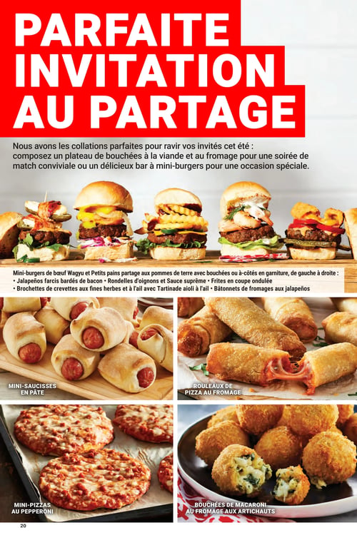 Circulaire Les Aliments M&M - Page 20. La page est intitulée "PARFAITE INVITATION AU PARTAGE" et présente des collations idéales pour recevoir. Une grande photo met en vedette un assortiment de mini-burgers de bœuf Wagyu et de petits pains partage aux pommes de terre, garnis de divers accompagnements. Ces garnitures incluent des jalapeños farcis bardés de bacon, des rondelles d'oignons avec sauce suprême, des frites en coupe ondulée, des brochettes de crevettes aux fines herbes et à l'ail avec tartinade aïoli, et des bâtonnets de fromages aux jalapeños. En dessous, quatre sections distinctes présentent d'autres options de bouchées. À gauche, on trouve des mini-saucisses en pâte et des mini-pizzas au pepperoni. À droite, des rouleaux de pizza au fromage et des bouchées de macaroni au fromage aux artichauts.