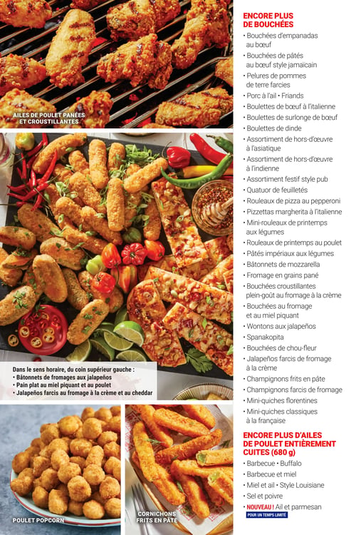 Circulaire Les Aliments M&M - Page 21. La page met en vedette une variété de bouchées et d'ailes de poulet. En haut, une image montre des ailes de poulet panées et croustillantes grillées. Au centre, une grande photo présente un assortiment de bouchées apéritives, incluant des bâtonnets de fromages aux jalapeños, du pain plat au miel piquant et au poulet, et des jalapeños farcis au fromage à la crème et au cheddar. À droite de cette image, une liste détaillée propose "encore plus de bouchées" : des bouchées d'empanadas au bœuf, des bouchées de pâtés au bœuf style jamaïcain, des pelures de pommes de terre farcies, du porc à l'ail, des boulettes de bœuf à l'italienne, des boulettes de surlonge de bœuf, des boulettes de dinde, des assortiments de hors-d'œuvre asiatiques, indiens et festifs style pub, un quatuor de feuilletés, des rouleaux de pizza au pepperoni, des pizzettas margherita à l'italienne, des mini-rouleaux de printemps aux légumes et au poulet, des pâtés impériaux aux légumes, des bâtonnets de mozzarella, du fromage en grains pané, des bouchées croustillantes plein-goût au fromage à la crème, des bouchées au fromage et au miel piquant, des wontons aux jalapeños, du spanakopita, des bouchées de chou-fleur, des jalapeños farcis de fromage à la crème, des champignons frits en pâte, des champignons farcis de fromage, des mini-quiches florentines et des mini-quiches classiques à la française. En bas à gauche, une assiette de poulet popcorn est illustrée. En bas à droite, on voit des cornichons frits en pâte. Une autre section à droite liste "encore plus d'ailes de poulet entièrement cuites" de 680 g, disponibles en saveurs barbecue, buffalo, barbecue et miel, miel et ail style Louisiane, sel et poivre, et une nouveauté, ail et parmesan, offerte pour un temps limité.