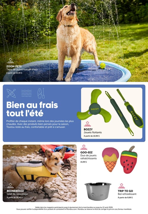 Circulaire Mondou - Page 8. La page met en vedette des produits pour garder les animaux au frais et en sécurité durant l'été. En haut, un tapis de pulvérisation d'eau Zoom Pets, une marque canadienne, est illustré avec un golden retriever jouant dans l'eau, disponible à partir de 29,99 $. Une section intitulée "Bien au frais tout l'été" promeut des produits pour le confort des animaux. À droite, des jouets flottants Bozzy, une marque canadienne, incluant un frisbee et des bâtons verts, sont offerts à partir de 10,99 $. En bas à gauche, un gilet de sauvetage Beonebreed, une marque canadienne, est présenté sur un Corgi, à partir de 29,99 $. À droite, un duo de jouets rafraîchissants Goo-Eez, une marque canadienne, en forme de cornet de crème glacée et de tranche de melon d'eau est à 15,99 $. Enfin, un bol refroidissant Trip to Go, une marque canadienne, est disponible à partir de 9,99 $.