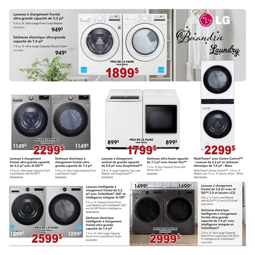 Circulaire Meubles Marchand - Page 3. La page présente une sélection d'appareils de buanderie LG. En haut à gauche, une laveuse à chargement frontal ultra-grande capacité de 5,2 pi³ est offerte à 949 $, et une sécheuse électrique ultra-grande capacité de 7,4 pi³ est également à 949 $. Au centre, une paire laveuse et sécheuse LG blanches est affichée à 1899 $. Au milieu de la page, une paire laveuse et sécheuse LG gris foncé avec AI DD™ (laveuse 5,2 pi³, sécheuse 7,4 pi³) est à 2299 $ la paire, ou 1149 $ l'unité. À côté, une paire laveuse et sécheuse LG blanches (laveuse à chargement vertical 5,8 pi³ EasyUnload™, sécheuse 7,3 pi³ Sensor Dry™) est à 1799 $ la paire, ou 899 $ l'unité. Sur la droite, une WashTower® LG blanche avec Centre Control™ (laveuse 5,2 pi³, sécheuse 7,4 pi³) est à 2299 $. En bas à gauche, une paire laveuse et sécheuse LG gris foncé intelligentes avec TurboWash® 360° et AI DD® (laveuse 5,2 pi³, sécheuse 7,4 pi³) est à 2599 $ la paire, ou 1299 $ l'unité. Enfin, une paire laveuse et sécheuse LG gris foncé intelligentes avec AI DD™ 2.0, bouton LCD et TurboSteam® (laveuse 5,8 pi³, sécheuse 7,4 pi³) est à 2999 $ la paire, ou 1499 $ l'unité.