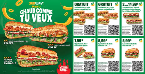 Circulaire Subway - Page 1. La page met en vedette le thème "Chaud comme tu veux" avec trois sandwichs en gros plan : le Poulet Ranch au Piri-Piri Relevé, le Poulet au Miel Épicé Corsé et le Déli Façon Nashville Endiablé. Un encart rouge en bas à gauche annonce le "Nouveau Pain au Piment Ghost". Sur la droite, six encarts verts présentent des offres : un sandwich 12 po gratuit à l'achat de deux sandwichs 12 po. Deux sandwichs 12 po Combiné de viandes froides, Jambon Forêt-Noire ou Végé-délice sont offerts à 14,99 $. Un sandwich 12 po Italien B.M.T. ou Pizza sub gratiné est à 7,99 $. Enfin, un sandwich 6 po Poitrine de dinde ou Italien B.M.T. est disponible à 5,99 $.
