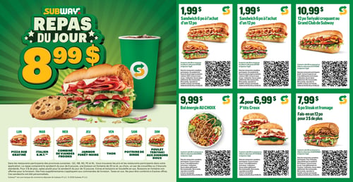 Circulaire Subway - Page 2. La page met en vedette le « Repas du Jour » à 8,99 $, incluant un sandwich de 6 pouces, une boisson et un biscuit. Les choix de sandwichs quotidiens pour ce repas sont : lundi, Pizza Sub gratinée; mardi, Italien B.M.T.®; mercredi, Combiné de viandes froides; jeudi, Jambon Forêt-Noire; vendredi, Thon; samedi, Poitrine de dinde; et dimanche, Poulet Teriyaki aux oignons doux. Sur la droite, d'autres offres sont présentées : un sandwich de 6 pouces à 1,99 $ à l'achat d'un 12 pouces; un sandwich 12 pouces Teriyaki croquant ou Grand Club de Subway à 10,99 $; un bol énergie au choix à 9,99 $; deux P'tits Creux pour 6,99 $; et un sandwich 6 pouces Steak et fromage à 7,99 $, avec la possibilité d'obtenir un 12 pouces pour 3 $ de plus.