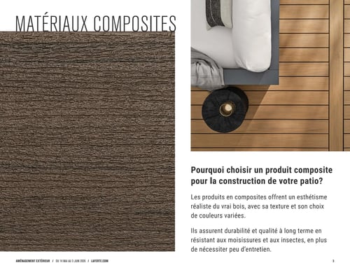 Circulaire Laferté - Catalogue 2026 Aménagement Extérieur - Page 3. La page est consacrée aux matériaux composites. Sur la gauche, une grande image présente la texture détaillée d'un matériau composite brun foncé, rappelant le grain du bois. Sur la droite, une photo de style de vie montre un patio moderne aménagé avec un revêtement de sol en composite de couleur bois clair, un canapé d'extérieur gris avec des coussins blancs et une table d'appoint ronde noire avec une bougie. Un texte explicatif pose la question "Pourquoi choisir un produit composite pour la construction de votre patio?" et détaille les avantages : esthétisme réaliste du bois avec texture et choix de couleurs variées, durabilité, résistance aux moisissures et aux insectes, et faible entretien.