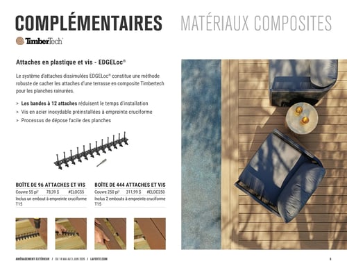 Circulaire Laferté - Page 8. La page met en vedette les attaches en plastique et vis EDGELoc® de TimberTech, un système de fixation dissimulée pour les terrasses en composite. Le texte explique que les bandes de 12 attaches réduisent le temps d'installation, que les vis en acier inoxydable sont préinstallées avec une empreinte cruciforme T15, et que le processus de dépose des planches est facile. Deux options sont offertes : une boîte de 96 attaches et vis couvrant 55 pi² pour 78,39 $, incluant un embout cruciforme T15; et une boîte de 444 attaches et vis couvrant 250 pi² pour 311,99 $, incluant deux embouts cruciformes T15. Des photos illustrent les attaches, les étapes d'installation, et une grande image montre une terrasse en composite moderne avec piscine et mobilier extérieur.