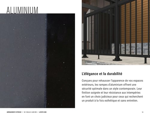 Circulaire Laferté - Page 14. La page est dédiée à l'aluminium. Sur la droite, une image montre une rampe d'aluminium noire moderne installée sur un patio avec un mur de pierres et des lattes de bois en arrière-plan. Sur la gauche, une image en gros plan présente la texture d'une surface d'aluminium de couleur foncée. Le texte principal, intitulé "L'élégance et la durabilité", décrit les rampes d'aluminium comme un choix judicieux pour rehausser les espaces extérieurs, offrant sécurité, style contemporain, finition soignée, résistance aux intempéries, esthétisme et facilité d'entretien.