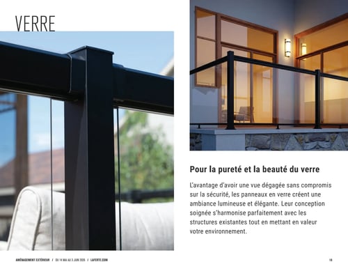 Circulaire Laferté - Page 18. La page est intitulée "VERRE". Elle présente une balustrade en verre avec des montants et une main courante en aluminium noir, installée sur le balcon d'une maison moderne au crépuscule. Une image en gros plan montre un détail du montant et de la main courante noirs de la balustrade en verre. Le texte met en avant la pureté et la beauté du verre, soulignant l'avantage d'une vue dégagée sans compromis sur la sécurité, et comment les panneaux en verre créent une ambiance lumineuse et élégante qui s'harmonise avec les structures existantes.
