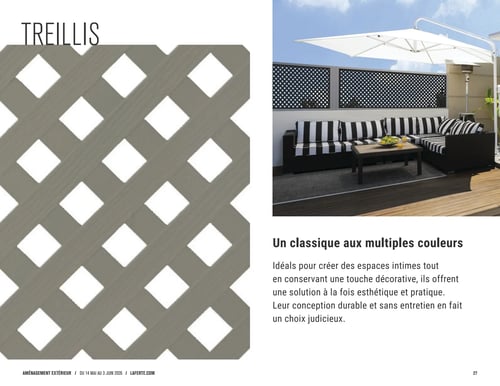 Circulaire Laferté - Page 27. La page est dédiée aux treillis. Sur la gauche, une grande image en gros plan montre un motif de treillis gris clair. Sur la droite, une photo d'aménagement extérieur présente un patio moderne avec un ensemble de mobilier de jardin noir et blanc, une table basse, un grand parasol blanc déporté et des treillis noirs utilisés comme écrans d'intimité. Le texte titre "Un classique aux multiples couleurs" et décrit les treillis comme idéaux pour créer des espaces intimes, offrant une solution à la fois esthétique et pratique, durable et sans entretien.