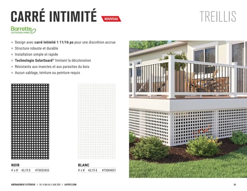 Circulaire Laferté - Page 28. Cette page met en vedette les treillis "Carré Intimité" de la marque Barrette Outdoor Living, signalés comme un nouveau produit. Les caractéristiques incluent un design avec un carré intimité de 1 1/16 pouce pour une discrétion accrue, une structure robuste et durable, une installation simple et rapide, la technologie SolarGuard® limitant la décoloration, une résistance aux insectes et parasites du bois, et aucun sablage, teinture ou peinture requis. Deux options de couleur sont présentées : un panneau noir de 4 pieds par 8 pieds à 43,15 $ (code #73053435) et un panneau blanc de 4 pieds par 8 pieds à 43,15 $ (code #73004051). Une grande image illustre un patio résidentiel avec des treillis blancs installés en jupe de patio, entourés de verdure et de fleurs.