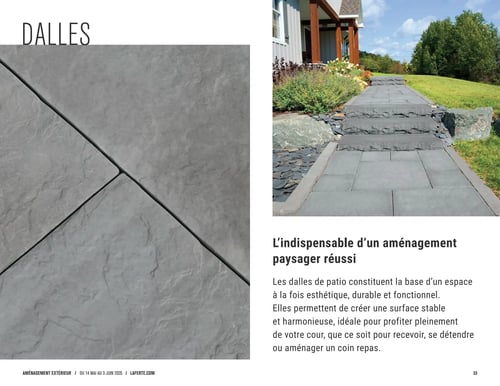 Circulaire Laferté - Page 33. La page est dédiée aux dalles de patio. Une grande image sur la gauche montre un gros plan de dalles grises texturées avec des joints. Sur la droite, une photo illustre un aménagement paysager complet avec un sentier et des marches en dalles grises menant à une maison, entouré de verdure et de roches. Le texte principal, intitulé "L'indispensable d'un aménagement paysager réussi", décrit les dalles de patio comme la base d'un espace esthétique, durable et fonctionnel, idéal pour créer une surface stable et harmonieuse pour recevoir, se détendre ou aménager un coin repas. Le bas de page indique "Aménagement extérieur / Du 14 mai au 3 juin 2026 / Laferte.com".