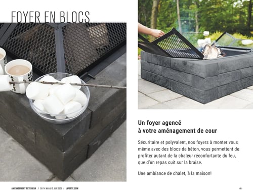 Circulaire Laferté - Page 49. La page présente un "Foyer en blocs". Une grande image montre un foyer extérieur moderne en blocs de béton gris foncé, avec un couvercle grillagé partiellement ouvert. À l'intérieur, des bûches de bois brûlent, et une main fait griller une guimauve sur un bâton. Sur le rebord du foyer, à gauche, une tasse de chocolat chaud et un bol rempli de guimauves sont visibles. Le texte décrit ces foyers à monter comme étant sécuritaires et polyvalents, permettant de profiter de la chaleur réconfortante du feu et de cuisiner sur la braise, créant une ambiance de chalet pour votre aménagement de cour.