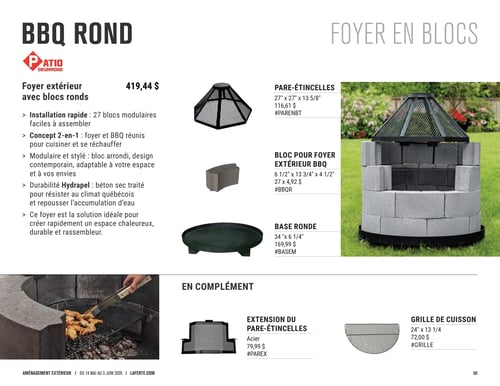 Circulaire Laferté - Page 50. Cette page présente des foyers extérieurs et leurs accessoires. Le titre principal est "BBQ ROND". Un foyer extérieur avec blocs ronds de marque Patio Drummond est offert à 419,44 $. Il est décrit comme ayant une installation rapide avec 27 blocs modulaires, un concept 2-en-1 (foyer et BBQ), un design modulaire et stylé, et une durabilité Hydrapel grâce à son béton sec traité. Sur la droite, un grand visuel montre un foyer extérieur en blocs gris et noirs avec un pare-étincelles conique, installé sur une pelouse. Les accessoires pour le foyer en blocs incluent : un pare-étincelles de 27" x 27" x 13 5/8" à 116,61 $; un bloc pour foyer extérieur BBQ de 6 1/2" x 13 3/4" x 4 1/2" à 4,92 $; et une base ronde de 34" x 6 1/4" à 169,99 $. En complément, une extension du pare-étincelles en acier est disponible à 79,99 $, et une grille de cuisson de 24" x 13 1/4" à 72,00 $. Une image en bas à gauche montre des ailes de poulet grillées sur le foyer.