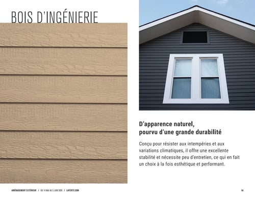 Laferté - Page 56. La page présente le bois d'ingénierie. Sur la gauche, une grande image montre un revêtement mural en lattes de bois d'ingénierie de couleur beige clair, avec une texture de grain de bois visible. Sur la droite, une photo d'une maison avec un revêtement extérieur gris foncé et des fenêtres à cadre blanc. Le texte descriptif indique : "D'apparence naturel, pourvu d'une grande durabilité. Conçu pour résister aux intempéries et aux variations climatiques, il offre une excellente stabilité et nécessite peu d'entretien, ce qui en fait un choix à la fois esthétique et performant.
